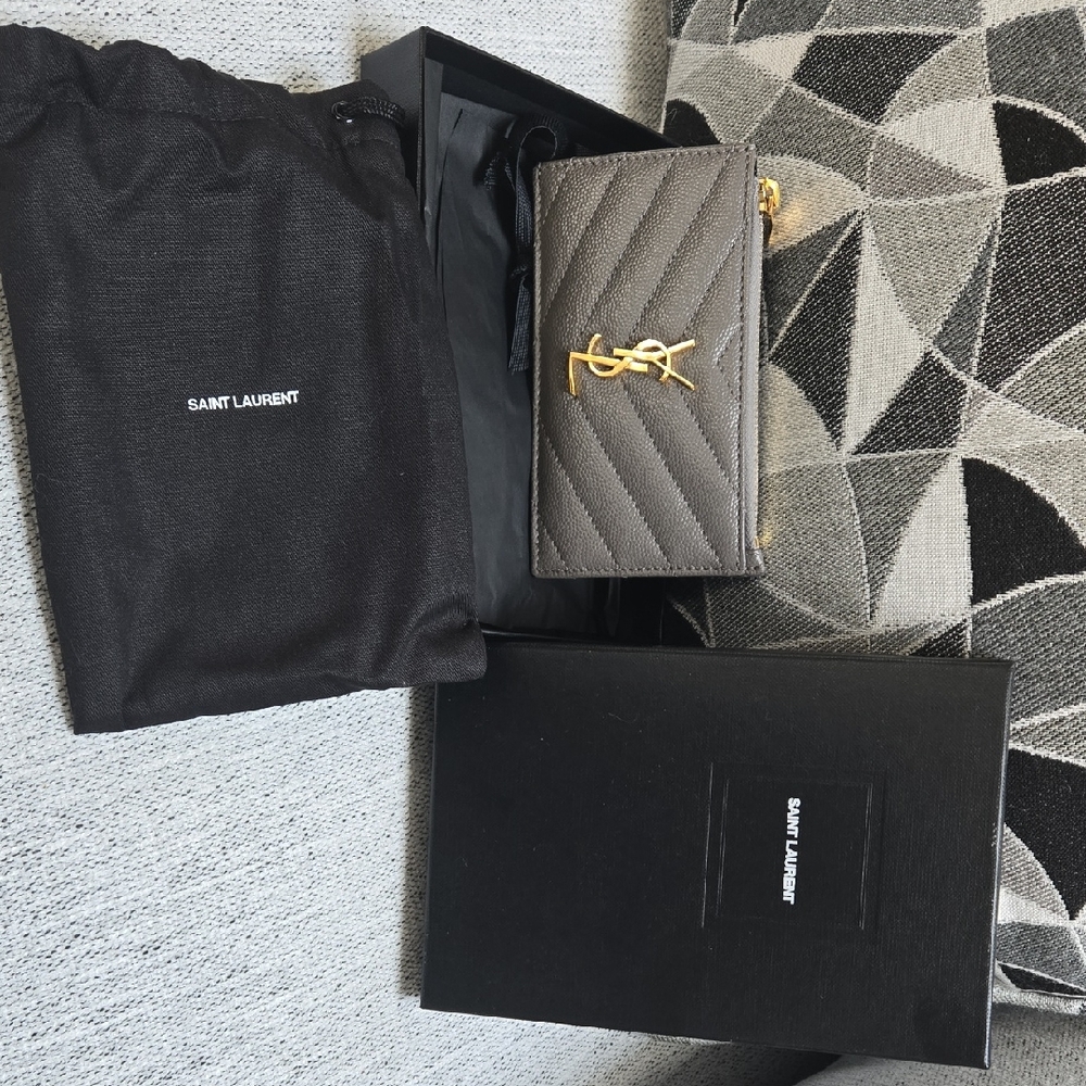Saint Laurent Charcoal Quilted Wallet with Gold Logo